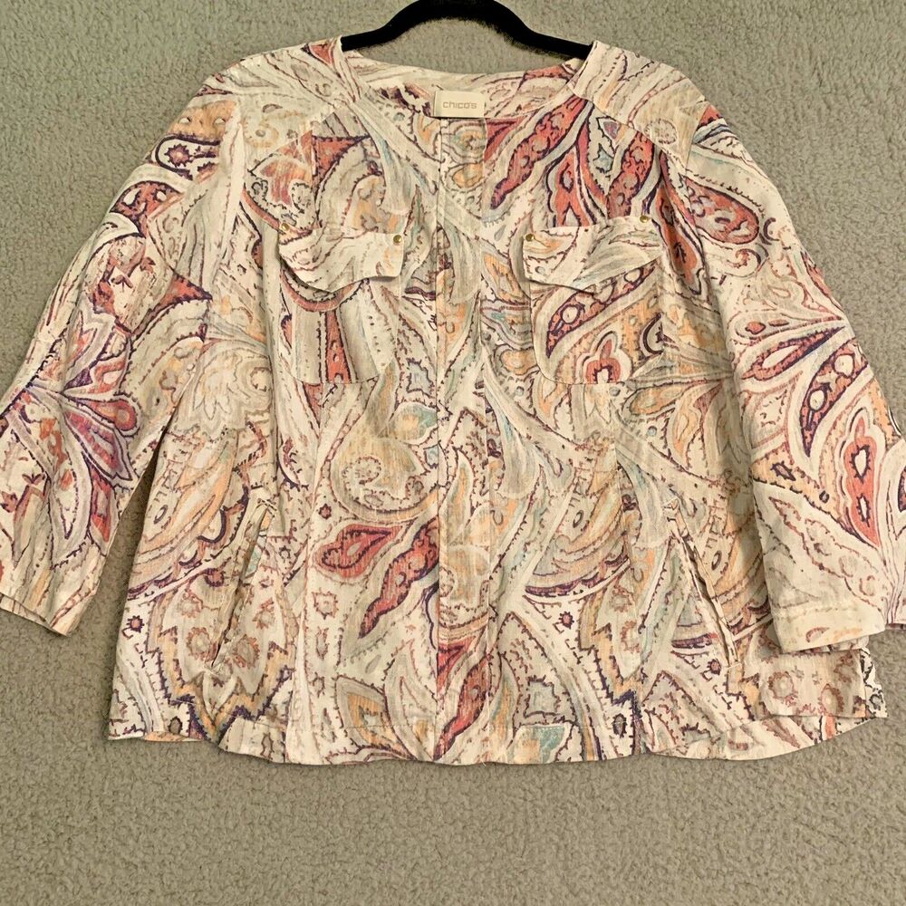 Chicos Women's 100% Linen Zip Up Jacket Paisley Lightweight Boho Size 2 Large